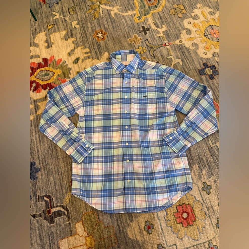 Vineyard Vines Men’s Blue Green Plaid Button-Down Shirt